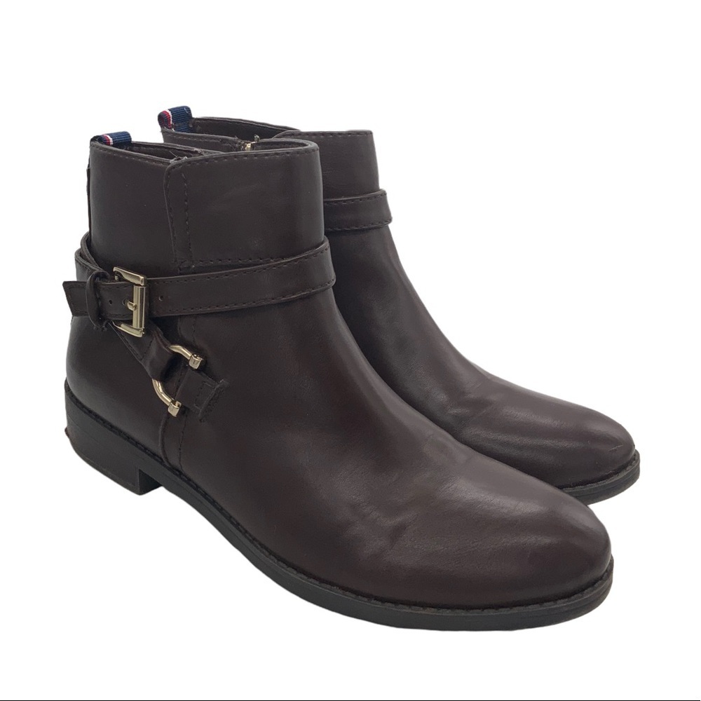 Tommy Hilfiger Brown Faux Leather Side Zip Ankle Boots With Buckles